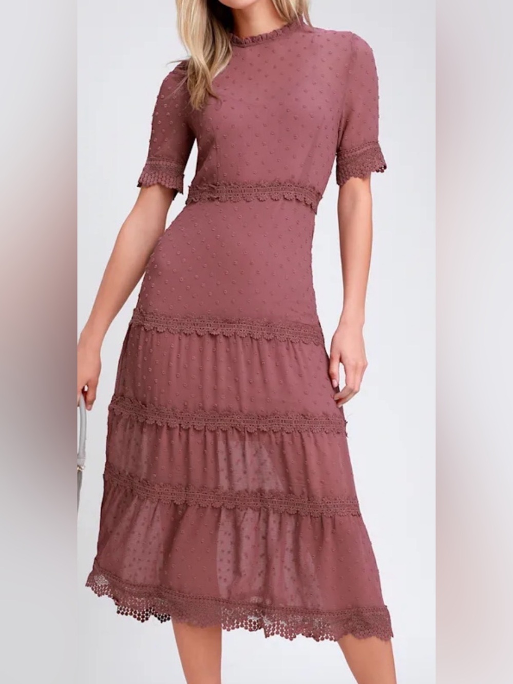 Lulu's Dusty Rose Midi Tiered Lace-Trim Dress Skirt
